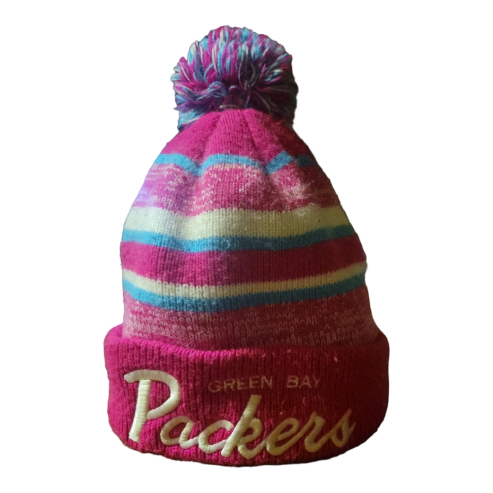 Green Bay Packers PINK Multi Colored Fleece Lined Embroidered Beanie Hat Tassel